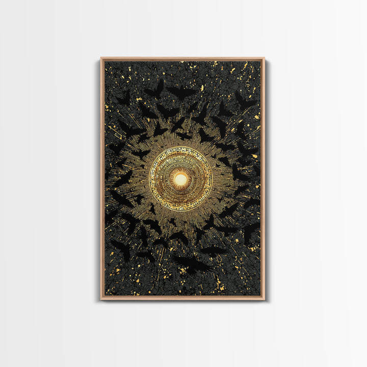 Canvas Art Norse Ravens and Sun Wheel, Canvas Gold Art Viking Decor with runes, framed in real wood, Nordic mythology gift for dad