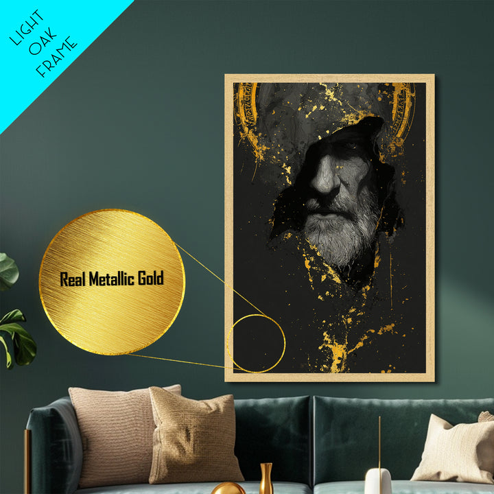 Odin Metallic Gold Art Norse God Portrait, Viking Mythology Metal Art with real wood frame, masculine Nordic wall art for man cave
