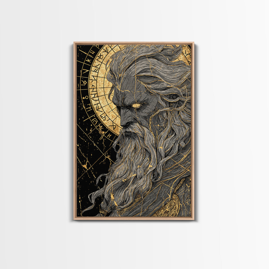 Canvas Gold Art Norse Allfather Odin, Viking Mythology Canvas Art framed in real wood, Nordic wall decor perfect as office or dad gift