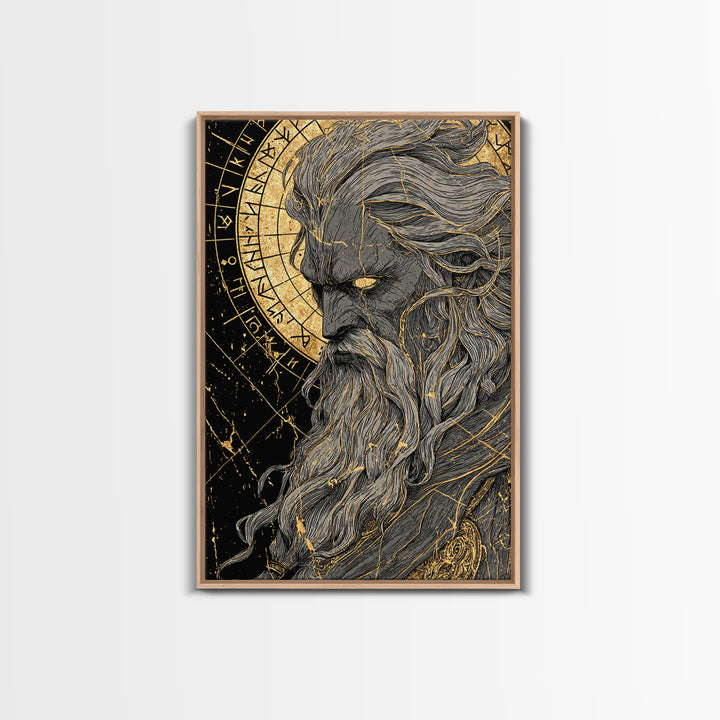 Canvas Gold Art Norse Allfather Odin, Viking Mythology Canvas Art framed in real wood, Nordic wall decor perfect as office or dad gift