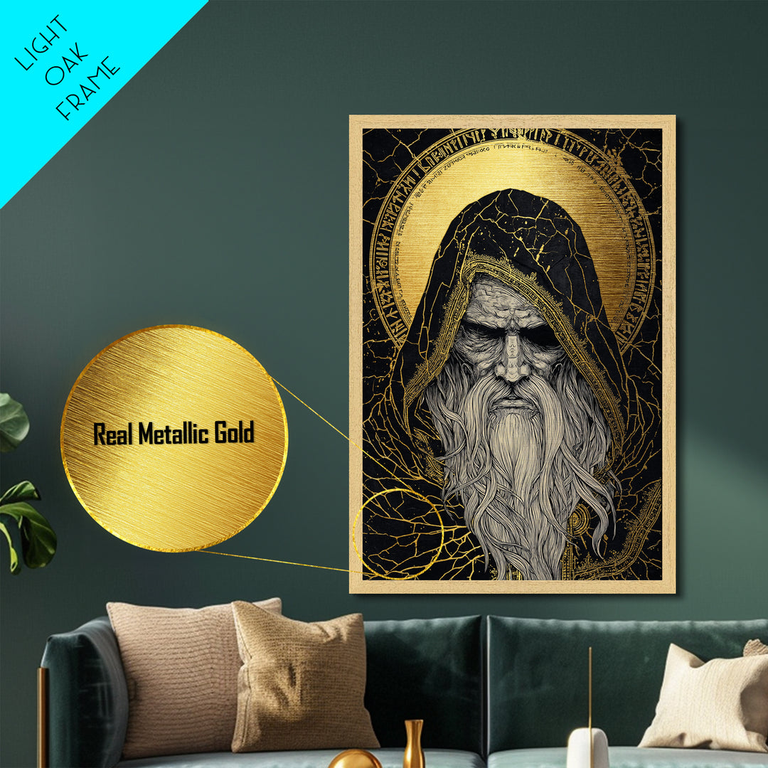Norse God Odin Metallic Gold Art, Viking Mythology Metal Art in natural wood frame, powerful Nordic wall art for office or man cave