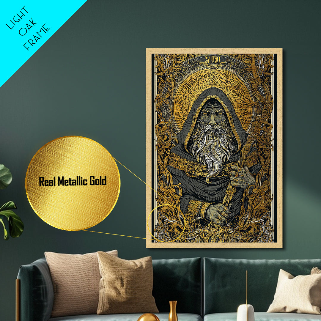 Viking Odin Metallic Gold Art, Nordic Mythology Metal Art with real wood frame, masculine office wall art or unique Norse gift for dad