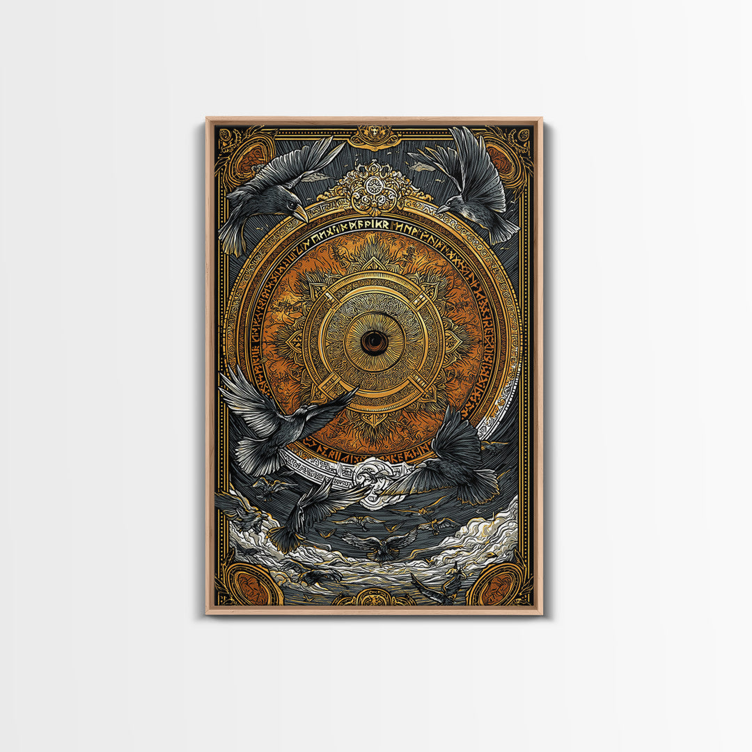 Huginn and Muninn Canvas Gold Art, Odin’s Ravens Norse Mythology Canvas Art in real wood frame, Nordic office or man cave wall decor
