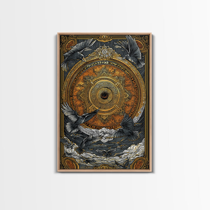 Huginn and Muninn Canvas Gold Art, Odin’s Ravens Norse Mythology Canvas Art in real wood frame, Nordic office or man cave wall decor