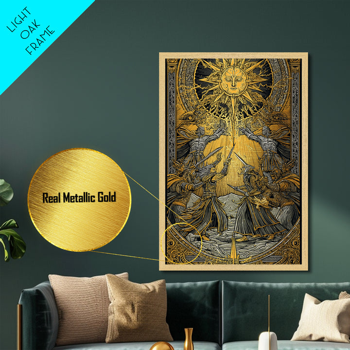 Ragnarök Battle Metallic Gold Art, Viking Apocalypse Norse Myth Metal Art in real wood frame, Nordic wall art for man cave or office