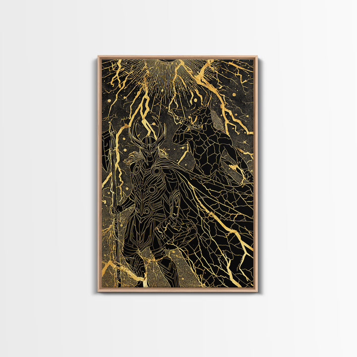 Ragnarok Norse Mythology Wall Decor, Canvas Gold Art and Canvas Art with Thor and Loki, Viking Battle Design framed in real wood