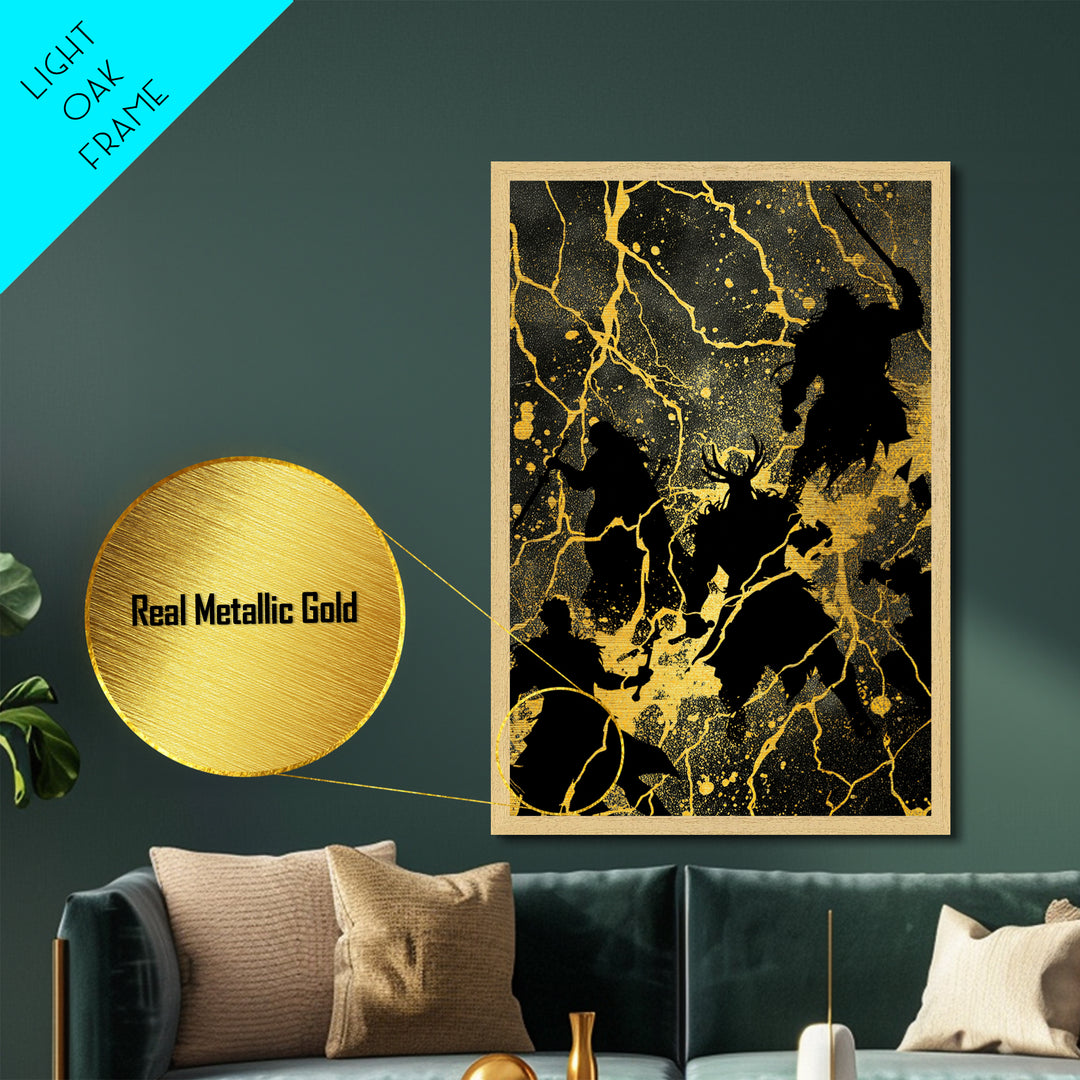 Epic Ragnarok Battle Scene Nordic Wall Art, Metallic Gold Art and Metal Art, Norse Gods Lightning Design with natural wood frame