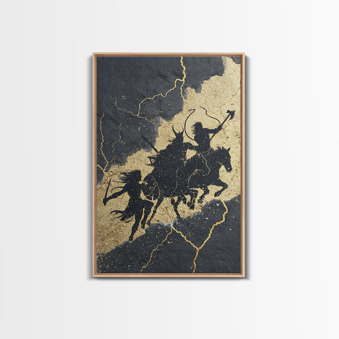 Valkyrie Ride Canvas Gold Art, Norse Mythology Warrior Women Canvas Art framed in natural wood, Viking man cave or office wall decor
