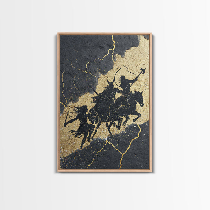 Valkyrie Ride Canvas Gold Art, Norse Mythology Warrior Women Canvas Art framed in natural wood, Viking man cave or office wall decor
