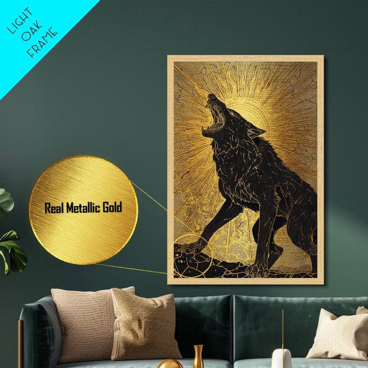 Nordic Fenrir Wolf Metal Art, Metallic Gold Art with Norse Mythology Sun Chaser Wolf, Man Cave Decor framed in authentic wood