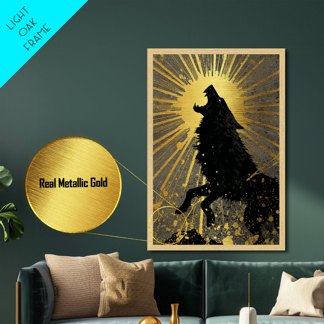 Fenrir Howling Wolf Metallic Gold Art, Norse Mythology Metal Art with Viking Wolf Symbolism, Office Wall Decor in real wood frame