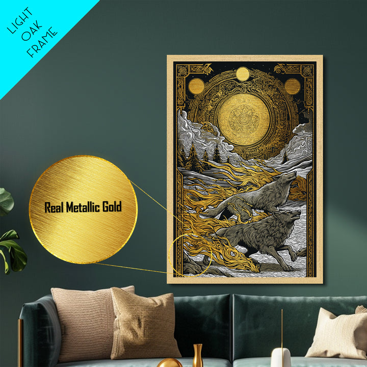 Sköll and Hati Wolves Norse Mythology Art, Metallic Gold Art and Metal Art, Viking Wolf Chasing Sun and Moon framed in wood