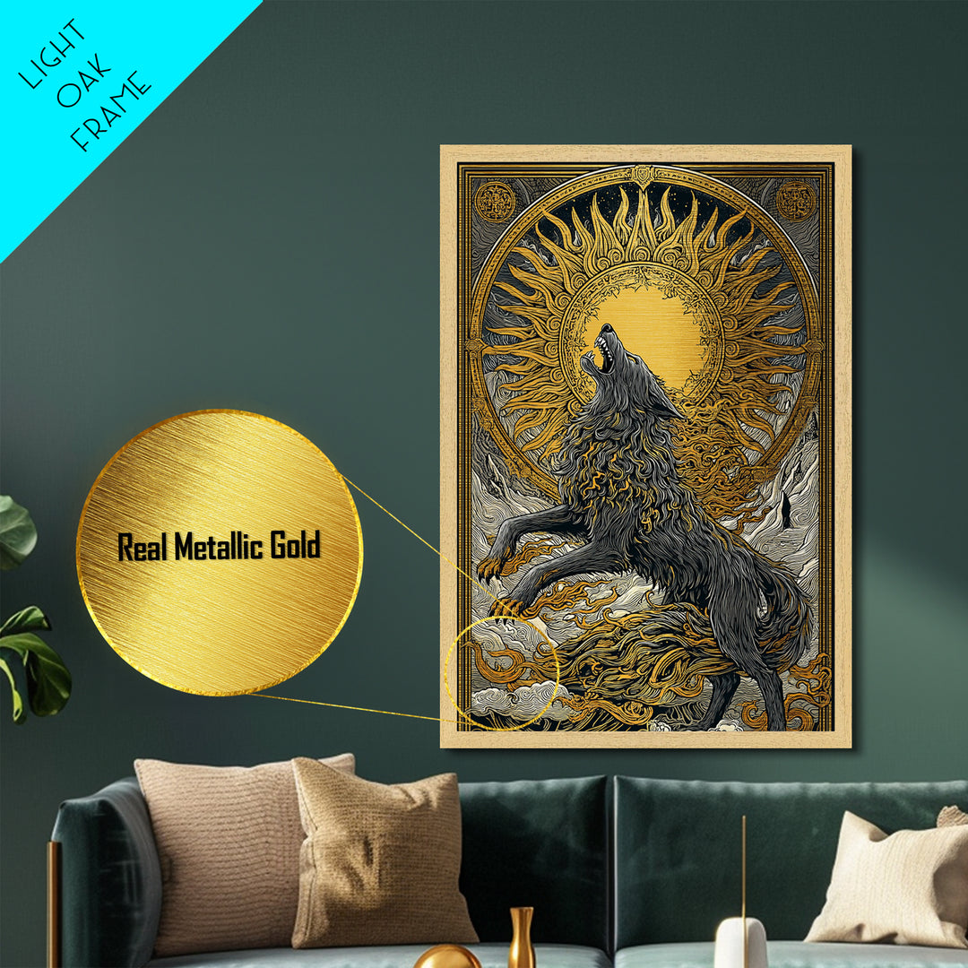 Fenrir Wolf Ragnarok Metal Art, Metallic Gold Art with Norse Mythology Theme, Viking Wolf Office Wall Decor framed in real wood