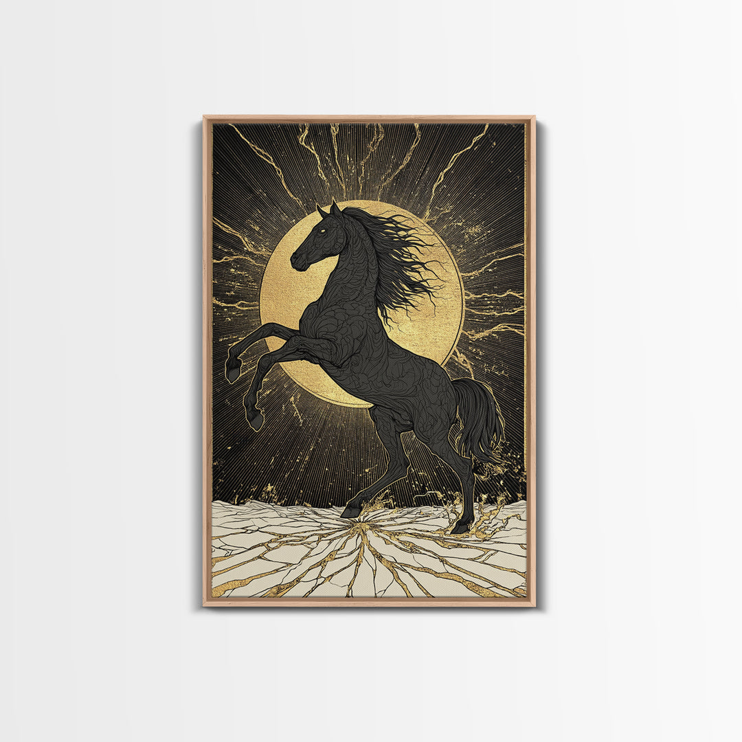 Sleipnir Norse Horse Canvas Gold Art Nordic Mythology Canvas Art for Office or Man Cave, framed in natural real wood