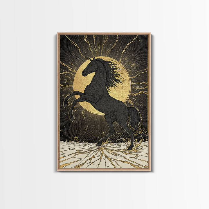 Sleipnir Norse Horse Canvas Gold Art Nordic Mythology Canvas Art for Office or Man Cave, framed in natural real wood