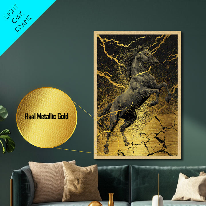 Nordic Sleipnir Horse of Odin Metal Art Metallic Gold Art Wall Decor Dad Gift Mythology Office Art with handcrafted wood frame