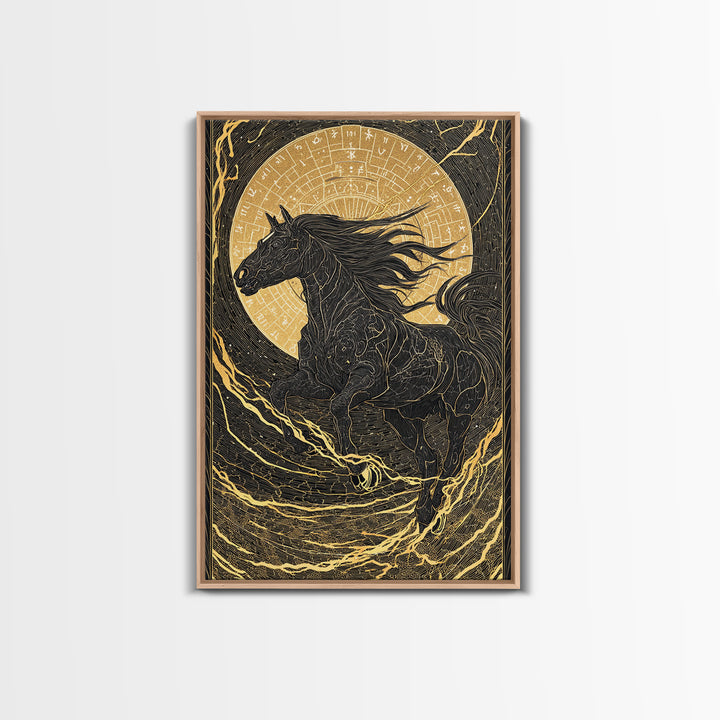 Sleipnir Odin’s Horse Norse Mythology Wall Decor, Canvas Gold Art and Canvas Art, Viking Horse Office Art framed in real wood