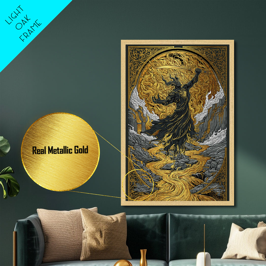 Norse Horse Sleipnir Metal Art Metallic Gold Art Wall Print Nordic Mythology Office Art Dad Gift Man Cave framed in real wood