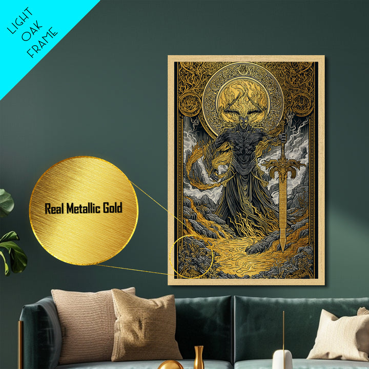 Surtur Fire Giant Norse Mythology Metallic Gold Art Viking Metal Art Dad Gift Office Wall Decor framed with natural real wood