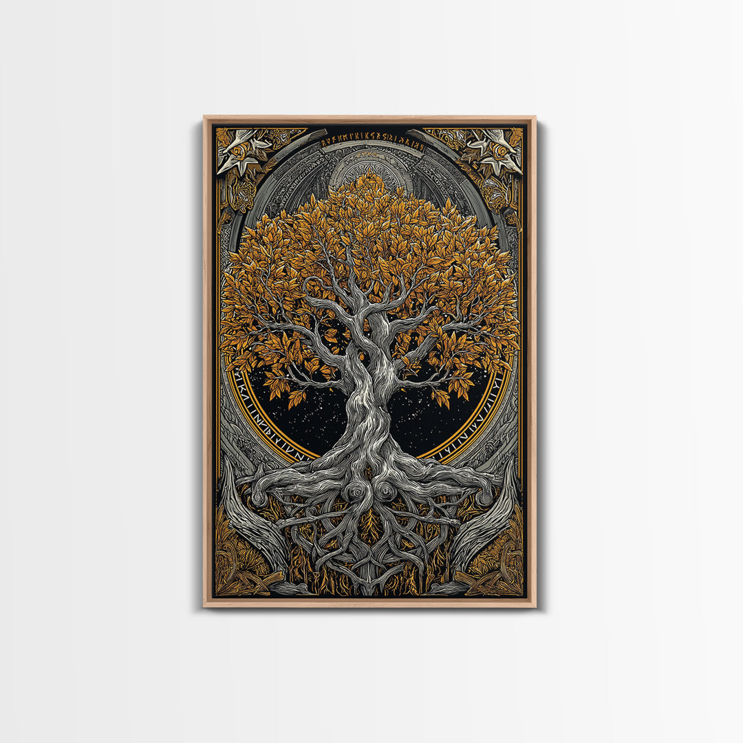 Yggdrasil World Tree Canvas Gold Art Canvas Art Norse Mythology Decor framed in natural wood for Office Wall or Man Cave Gift