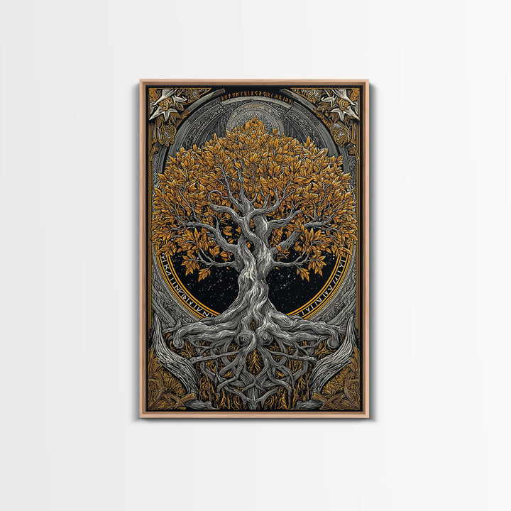Yggdrasil World Tree Canvas Gold Art Canvas Art Norse Mythology Decor framed in natural wood for Office Wall or Man Cave Gift