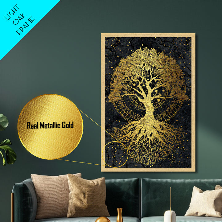 Nordic Yggdrasil Tree of Life Metallic Gold Art Metal Art with real wood frame, Norse Mythology Office Decor and Dad Gift Idea