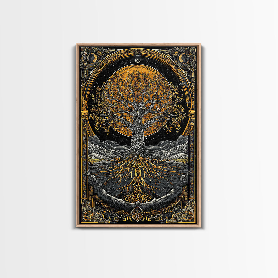 Cosmic World Tree Canvas Gold Art Canvas Art Viking Yggdrasil Norse Wall Art framed in real wood, Perfect for Man Cave Decor