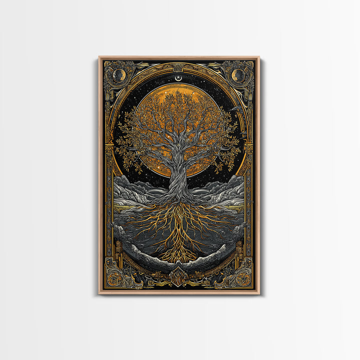 Cosmic World Tree Canvas Gold Art Canvas Art Viking Yggdrasil Norse Wall Art framed in real wood, Perfect for Man Cave Decor
