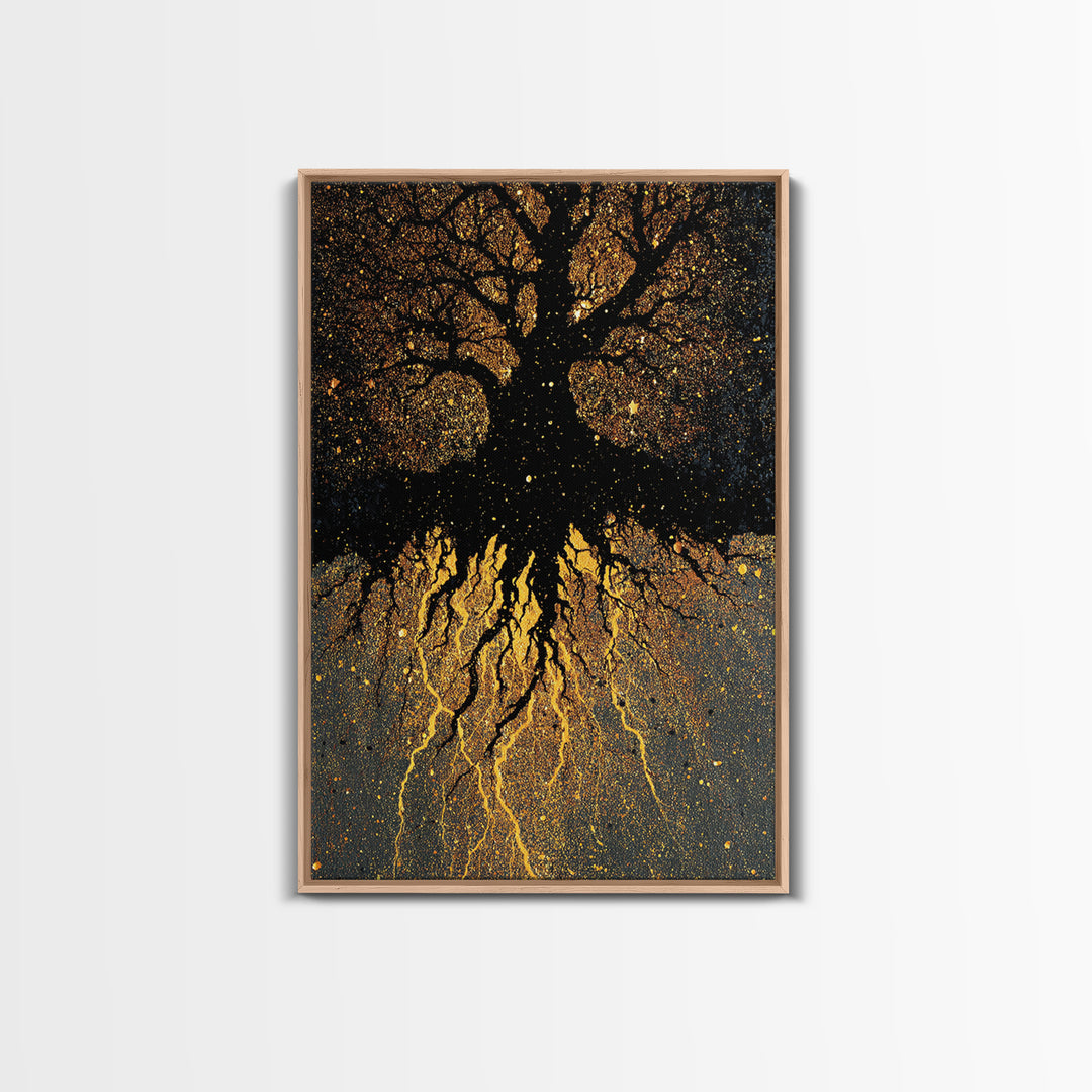 Golden World Tree Canvas Gold Art Canvas Art Norse Mythology Yggdrasil Design in natural wood frame, Office Art or Dad Gift