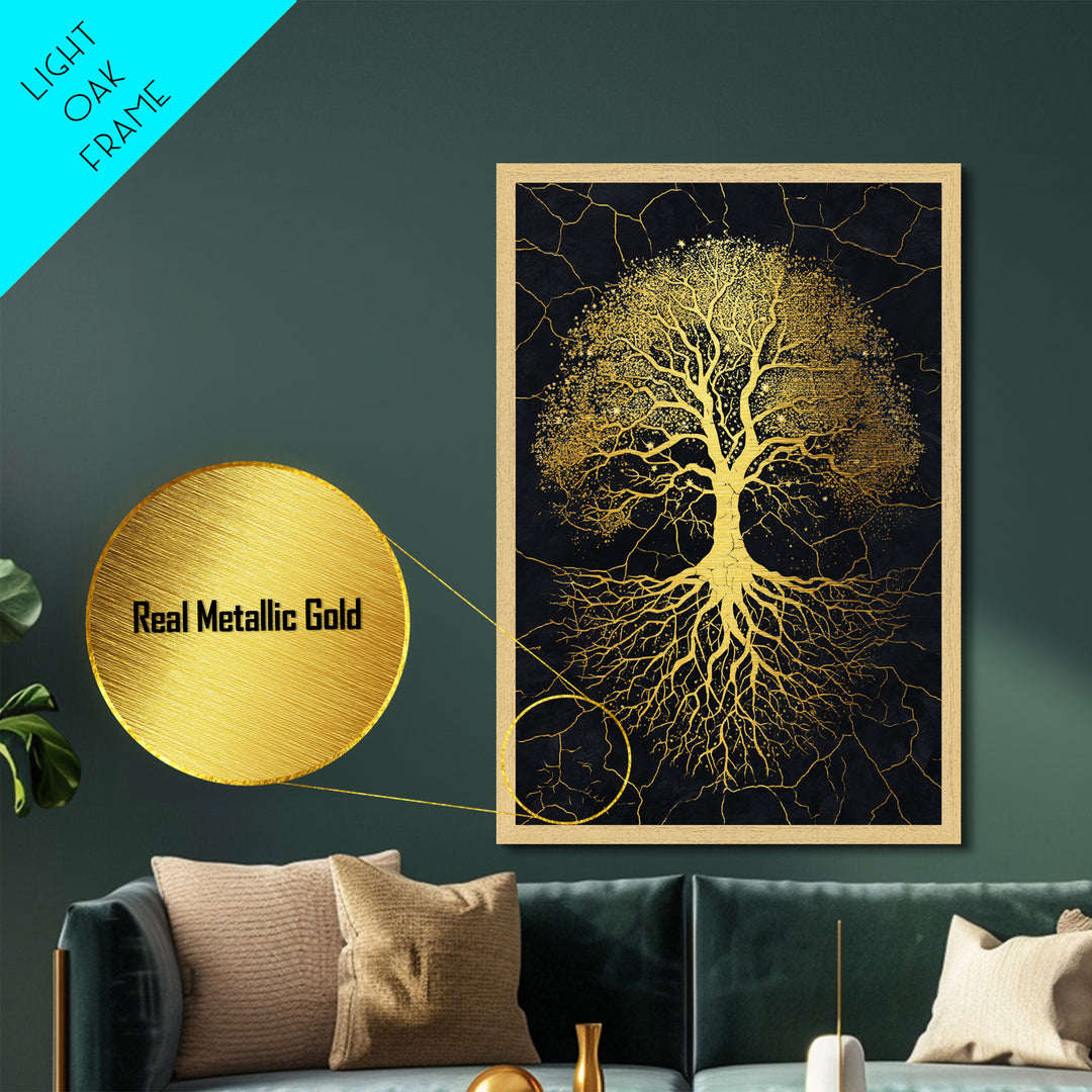 Norse Yggdrasil Tree Metallic Gold Art Metal Art Celestial Design with roots framed in real wood, Unique Office or Man Cave Art
