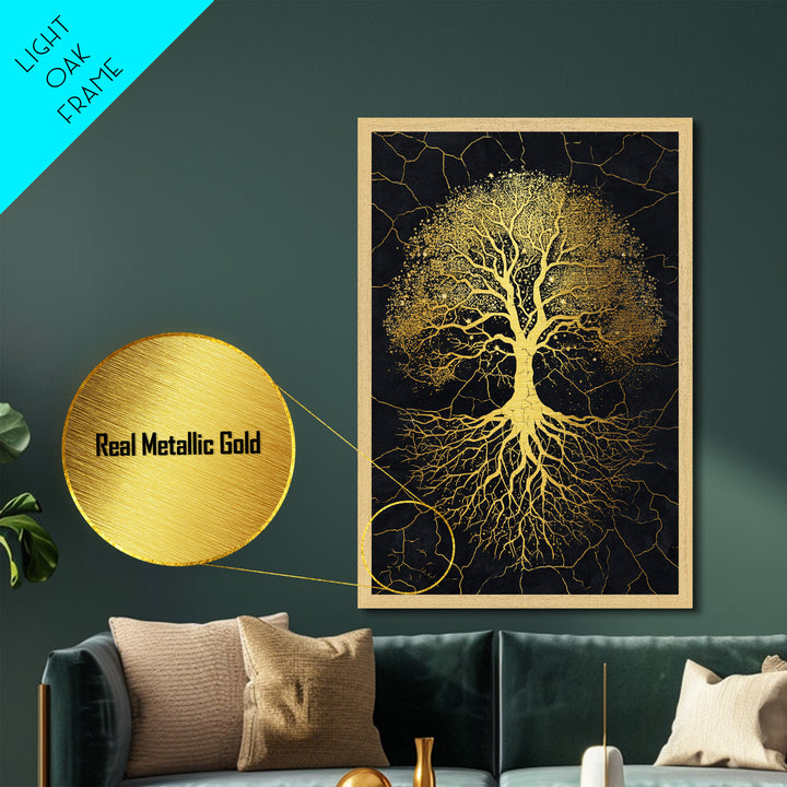 Norse Yggdrasil Tree Metallic Gold Art Metal Art Celestial Design with roots framed in real wood, Unique Office or Man Cave Art