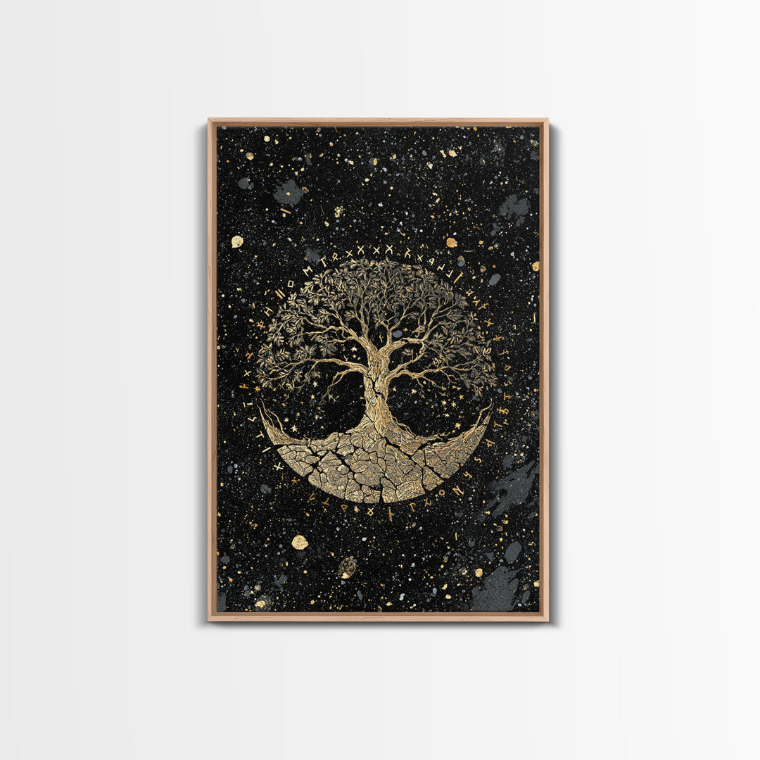 Yggdrasil World Tree Canvas Art Canvas Gold Art Norse Mythology Viking Decor Office Art Man Cave framed in handcrafted real wood