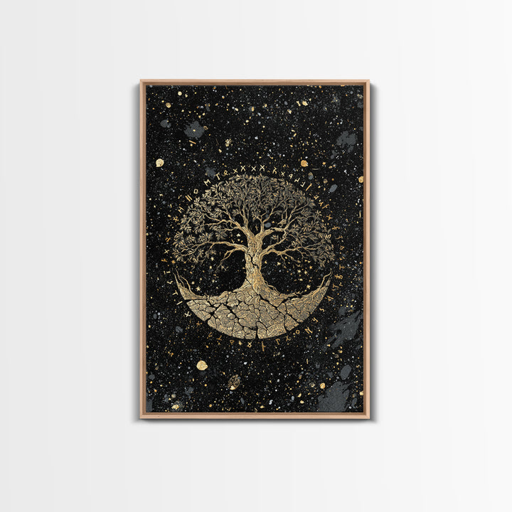 Yggdrasil World Tree Canvas Art Canvas Gold Art Norse Mythology Viking Decor Office Art Man Cave framed in handcrafted real wood