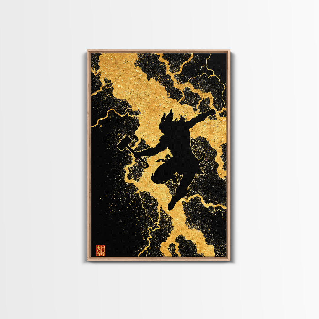 Silhouette Thor Jumping Canvas Gold Art Canvas Art Norse Viking God Wall Decor framed in natural wood, Office Art Dad Gift