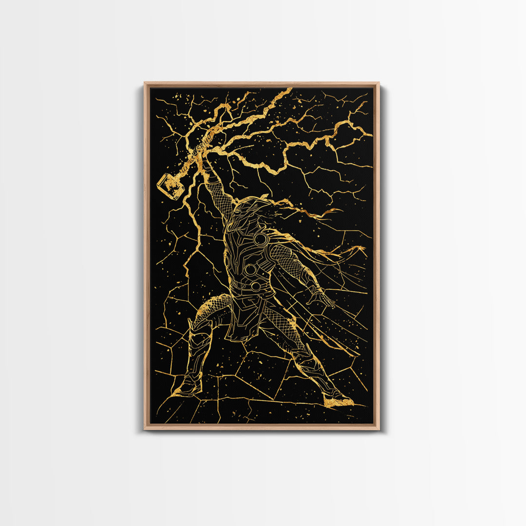 Thor with Lightning Hammer Canvas Gold Art Canvas Art Norse God Wall Art framed in wood, Viking Office Decor or Dad Gift Idea