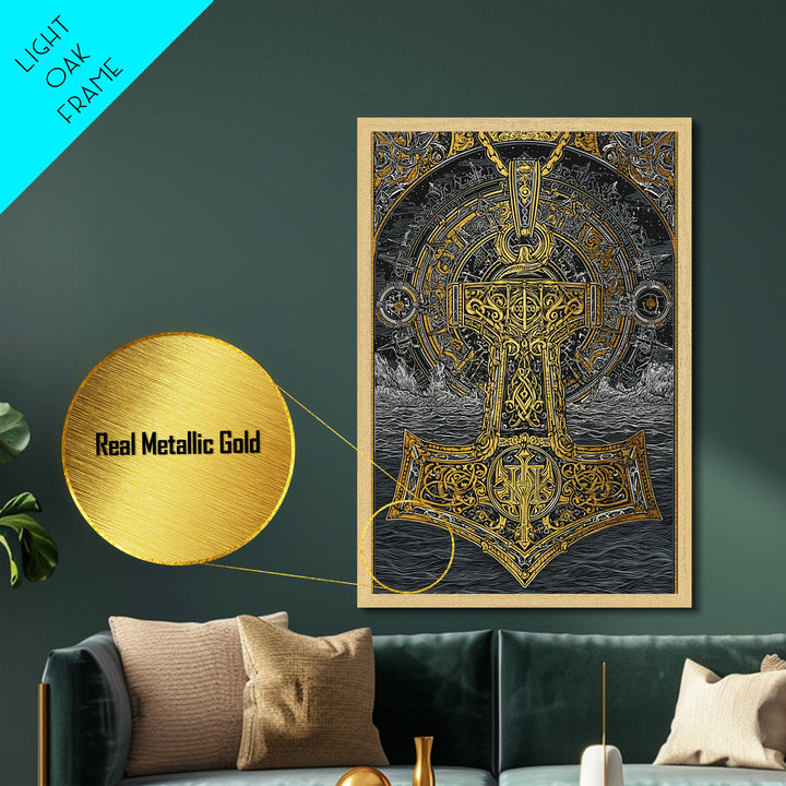 Viking Mjolnir Hammer Metallic Gold Art Metal Art Norse Mythology Thor Symbol framed in natural wood, Office Wall Art for Men