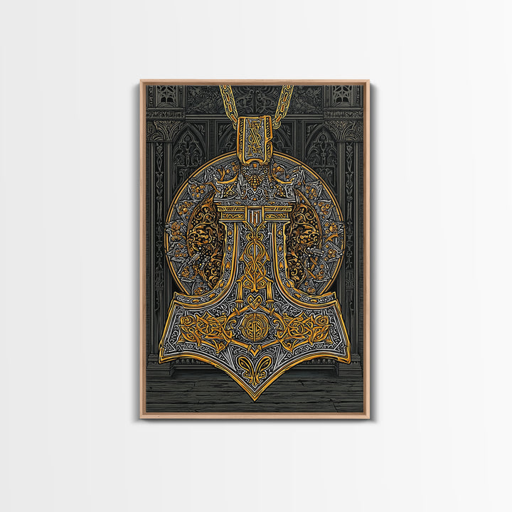 Thor’s Hammer Pendant Canvas Gold Art Nordic Canvas Art, Norse Mythology Wall Decor for Man Cave, framed in natural wood