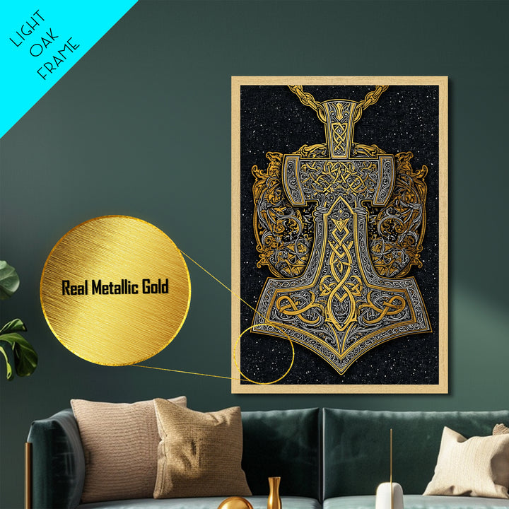 Norse Thor’s Hammer Metallic Gold Art Metal Art Viking Mjolnir Pendant Design with real wood frame, Unique Man Cave Wall Decor