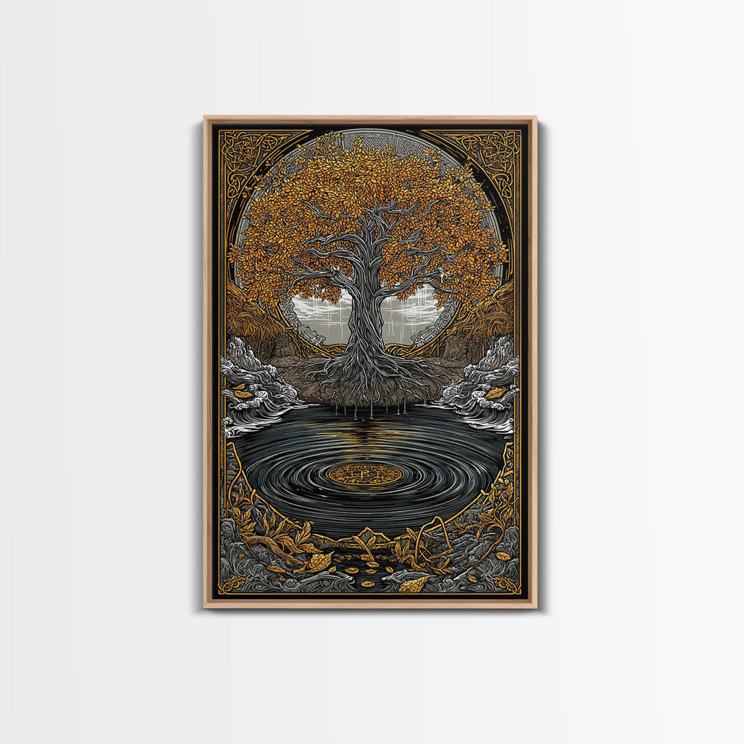 Urd and Yggdrasil Canvas Gold Art Canvas Art, Norse Norns Mythology Wall Art for Dad Gift Office Decor, with real wood frame