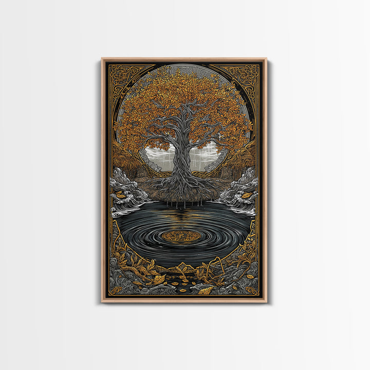 Urd and Yggdrasil Canvas Gold Art Canvas Art, Norse Norns Mythology Wall Art for Dad Gift Office Decor, with real wood frame