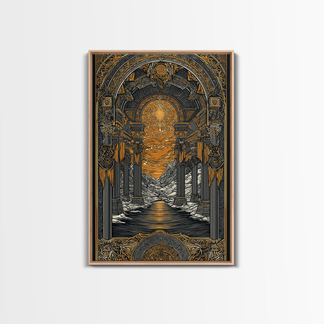 Valhalla Temple Canvas Gold Art Canvas Art, Nordic Mythology Warrior Afterlife Wall Art for Man Cave Decor, framed in wood