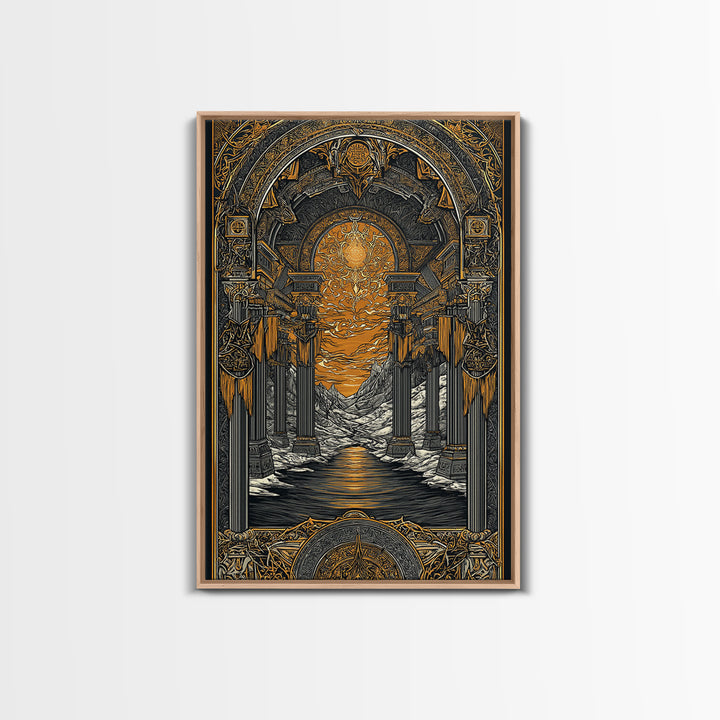 Valhalla Temple Canvas Gold Art Canvas Art, Nordic Mythology Warrior Afterlife Wall Art for Man Cave Decor, framed in wood