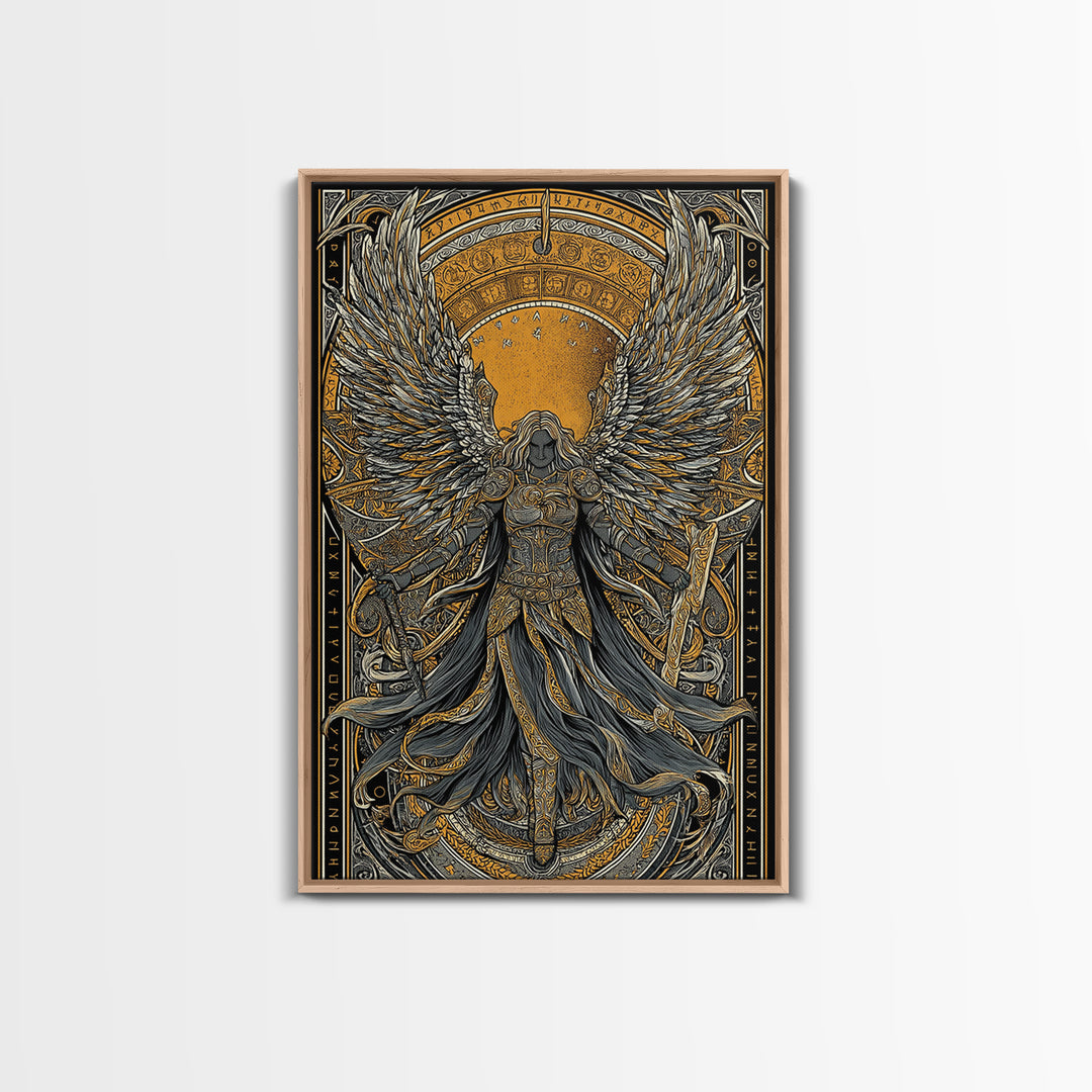 Valkyrie Ascending Canvas Gold Art Canvas Art, Norse Mythology Winged Protector Wall Decor for Dad Gift Office Art, real wood frame