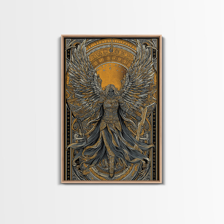 Valkyrie Ascending Canvas Gold Art Canvas Art, Norse Mythology Winged Protector Wall Decor for Dad Gift Office Art, real wood frame
