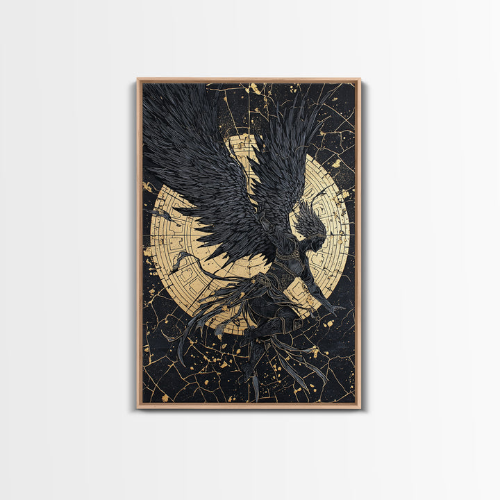 Golden Valkyrie Canvas Gold Art Canvas Art, Norse Mythology Female Warrior Wall Art for Man Cave Office Decor, in real wood frame