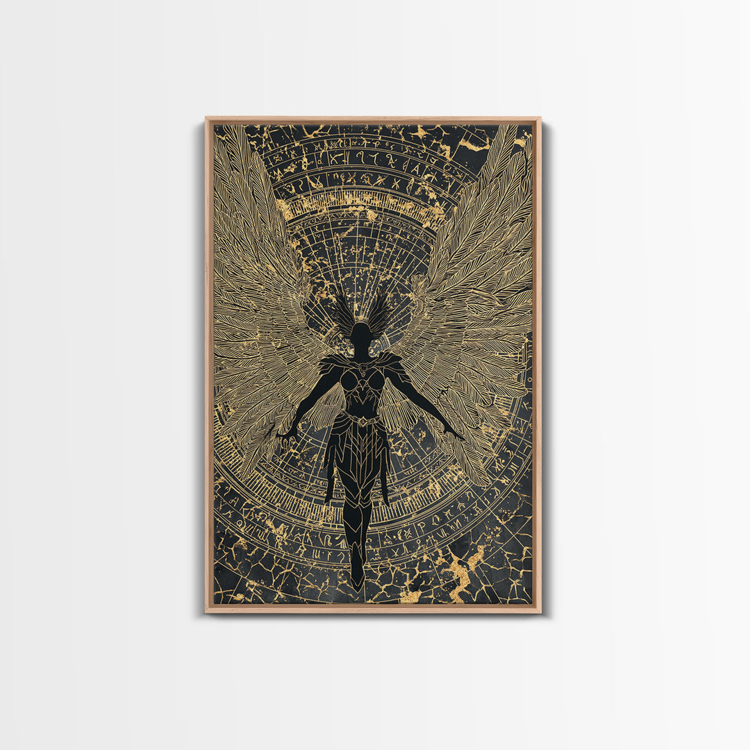 Shieldmaiden Valkyrie Canvas Gold Art Canvas Art, Norse Mythology Wall Art for Men’s Office Decor Dad Gift, framed in natural wood