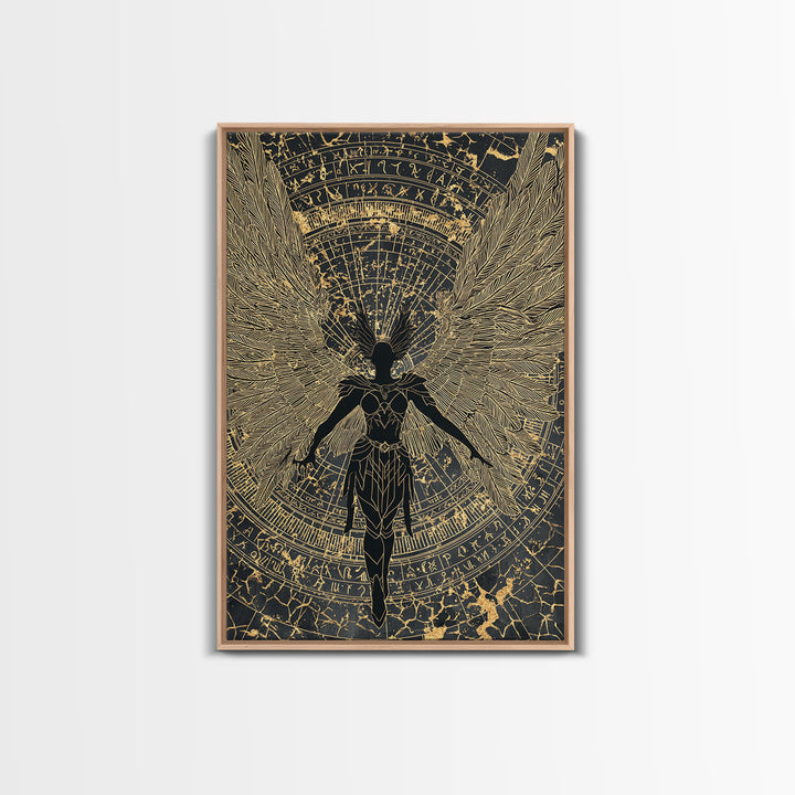 Shieldmaiden Valkyrie Canvas Gold Art Canvas Art, Norse Mythology Wall Art for Men’s Office Decor Dad Gift, framed in natural wood