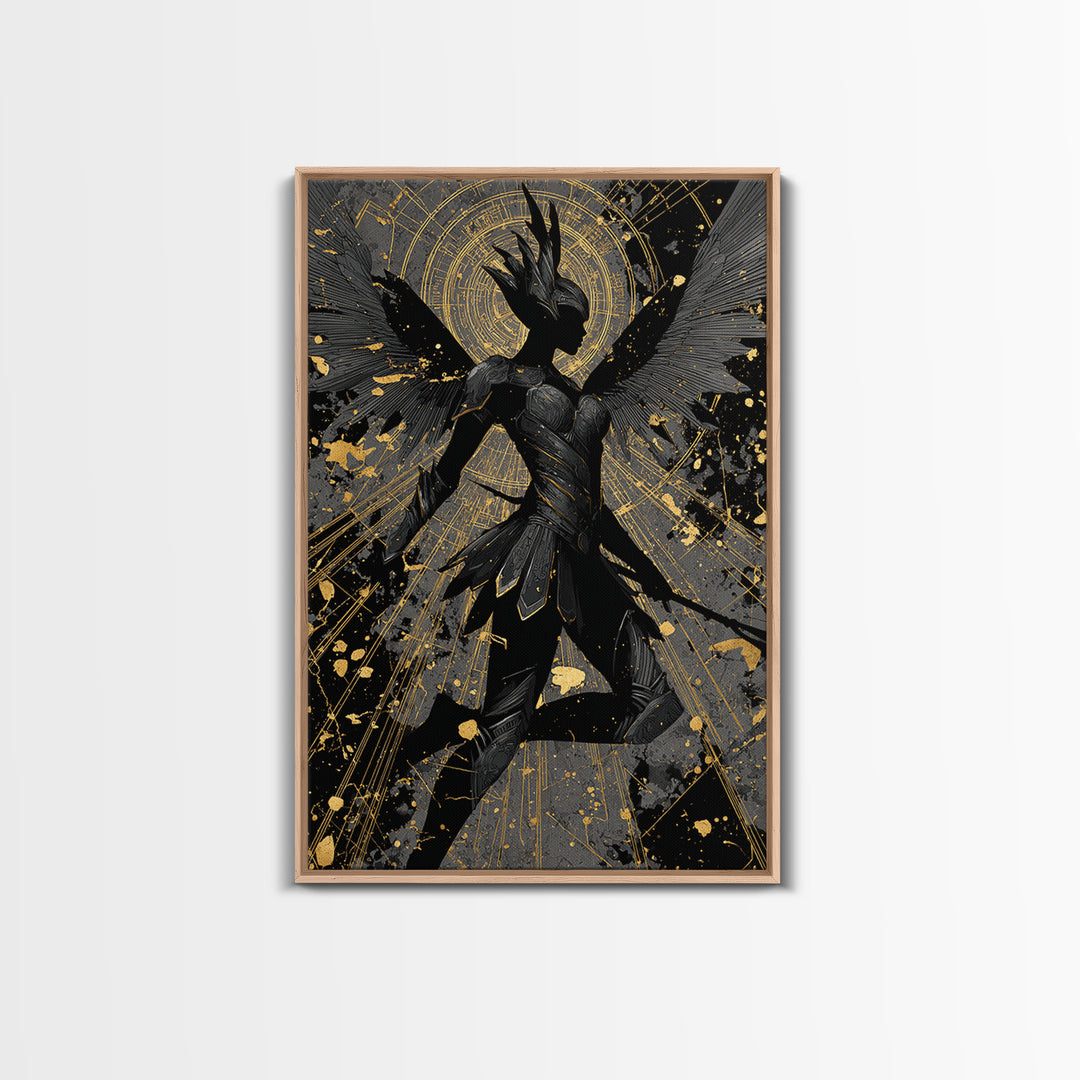 Valkyrie Guardian Canvas Gold Art Canvas Art, Norse Mythology Winged Warrior Wall Decor for Man Cave Dad Gift, real wood frame