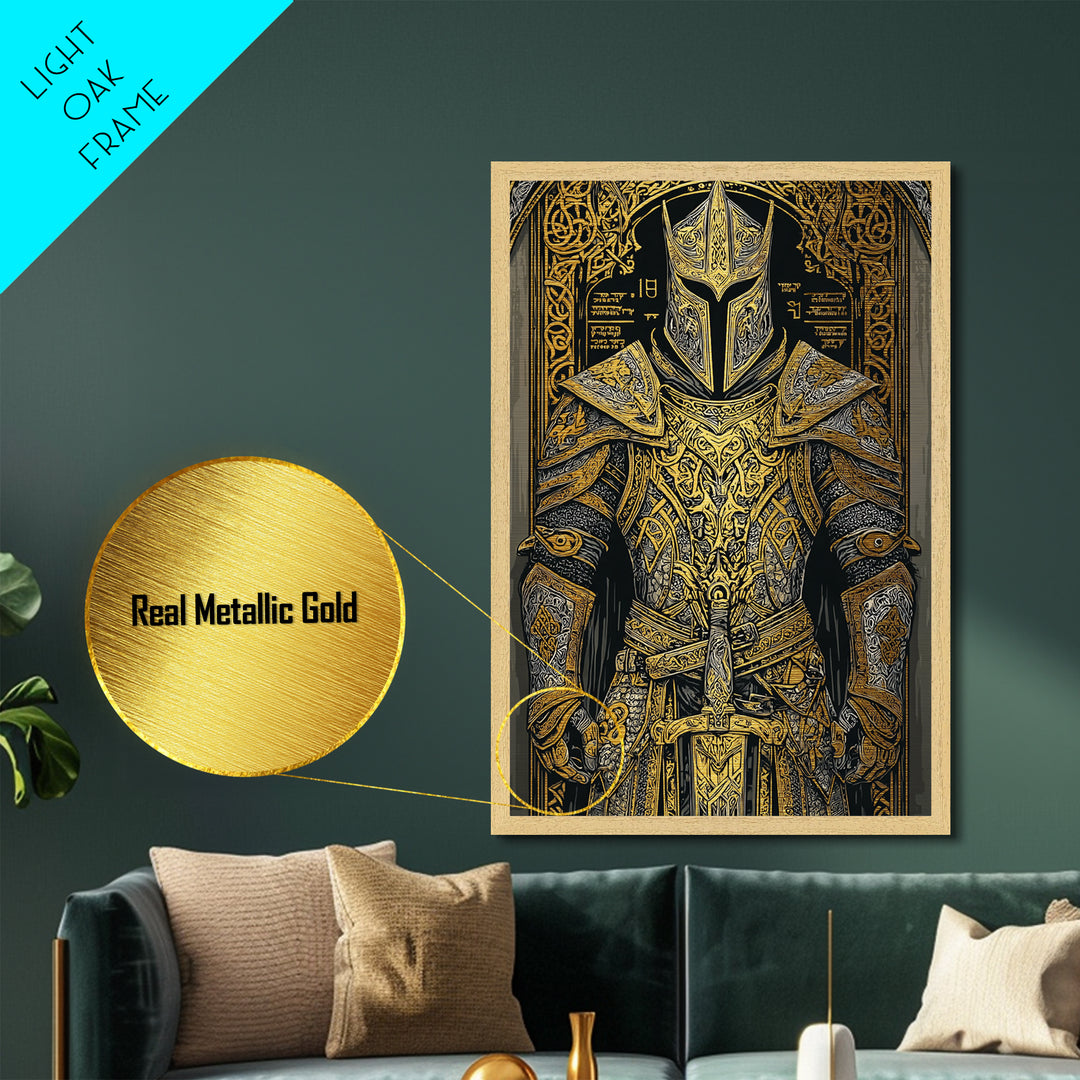 Nordic Knight Armor Metallic Gold Art, Mythology Metal Art Perfect for Man Cave Wall Decor, framed with handcrafted real wood