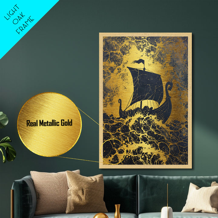 Bull Skull Nordic Totem Metallic Gold Art, Viking Metal Art with Mythology Detail, unique office decor framed in solid wood